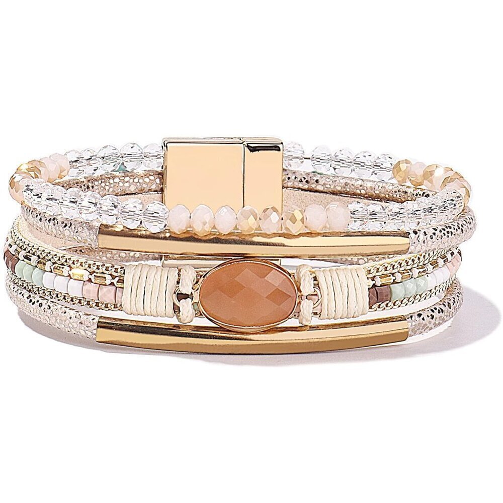 Leather Wrap Bracelets Crystal Beads Boho Cuff Stone Charm Costume Jewelry